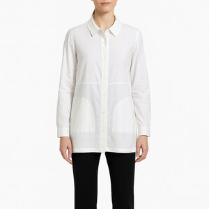 Eileen Fisher White Linen Blend Long Shirt Jacket Italian Fabric Pockets Medium